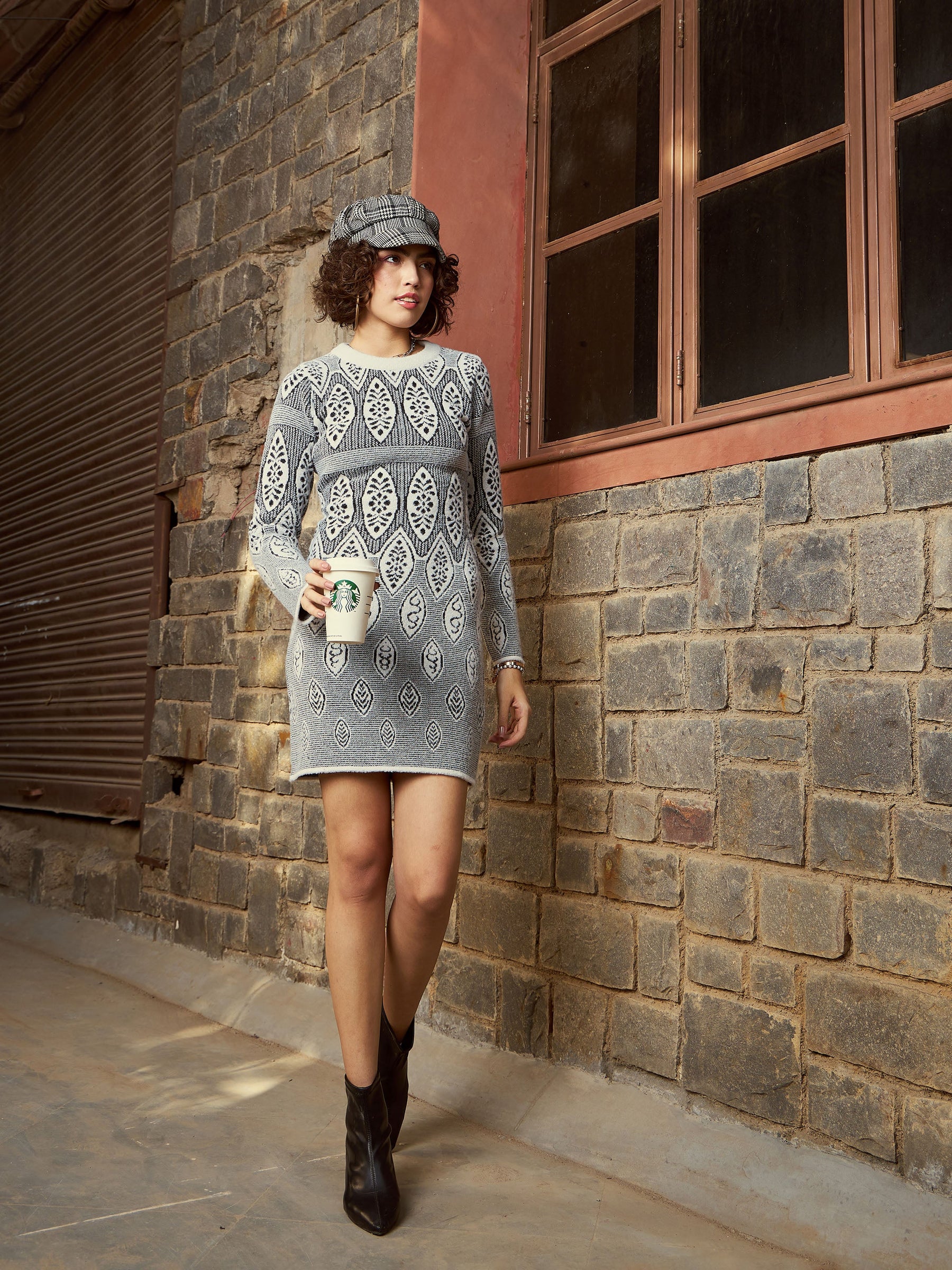 Grey & Black Geo Woolen Sweater Dress-SASSAFRAS