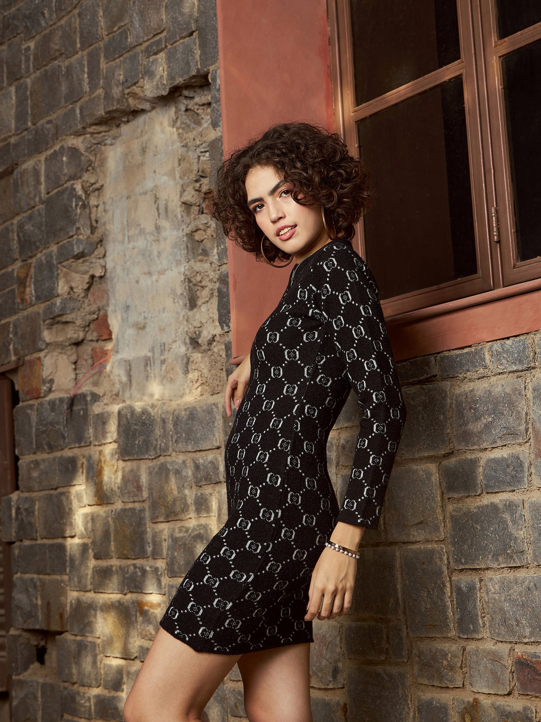 Black Geo Woolen Sweater Dress-SASSAFRAS