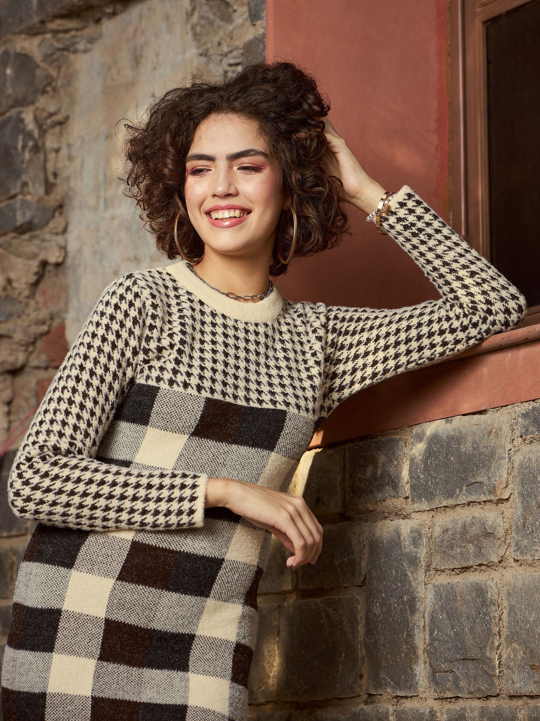 Beige Check Woolen Sweater Dress-SASSAFRAS
