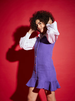 Purple Tweed Front Button Frill Hem Dress-SASSAFRAS