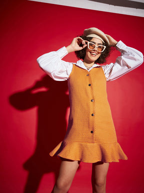 Orange Tweed Front Button Frill Hem Dress-SASSAFRAS