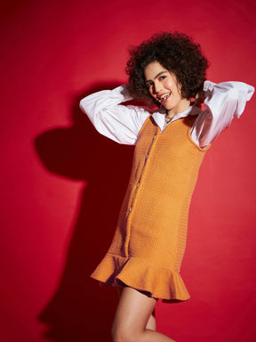 Orange Tweed Front Button Frill Hem Dress-SASSAFRAS