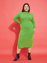 Green Rib Side Slit Bodycon Midi Dress-SASSAFRAS Curve