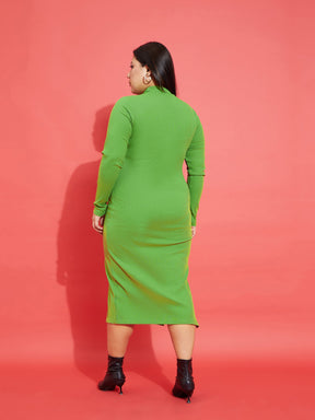 Green Rib Side Slit Bodycon Midi Dress-SASSAFRAS Curve