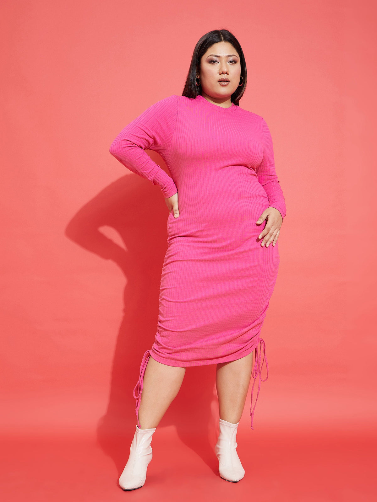 Pink Rib Side Ruching Bodycon Dress-SASSAFRAS Curve