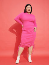 Pink Rib Side Ruching Bodycon Dress-SASSAFRAS Curve