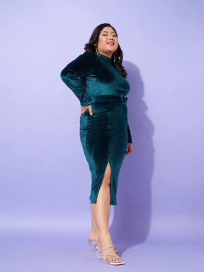 Emerald Velvet Front Slit Bodycon Dress-SASSAFRAS Curve