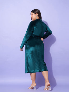 Emerald Velvet Front Slit Bodycon Dress-SASSAFRAS Curve