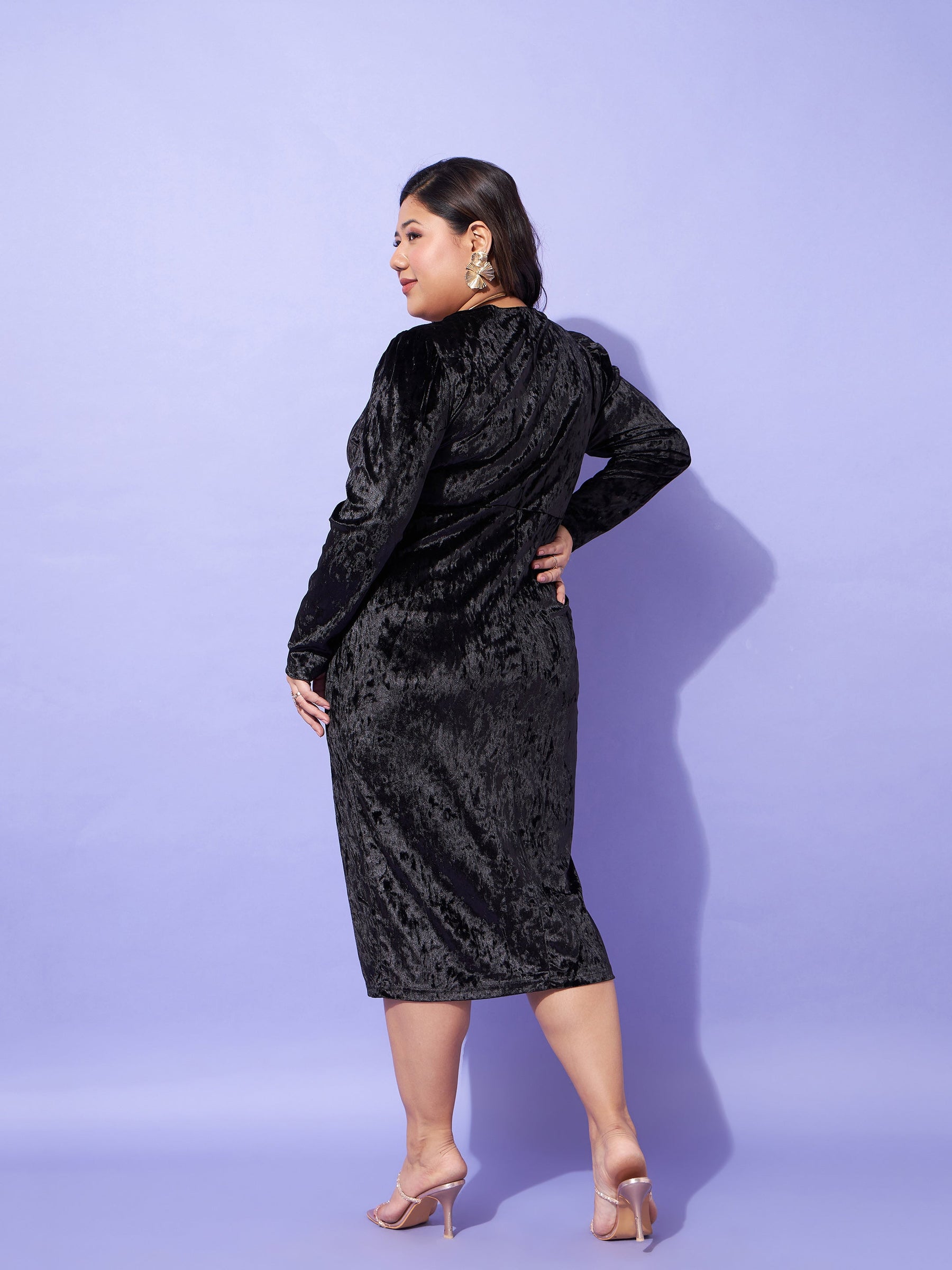 Black Velvet Front Button Bodycon Dress-SASSAFRAS Curve