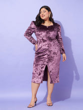 Purple Velvet Front Button Bodycon Dress-SASSAFRAS Curve