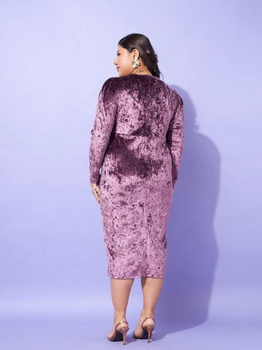 Purple Velvet Front Button Bodycon Dress-SASSAFRAS Curve