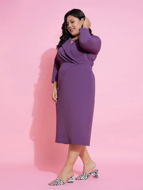 Purple Solid Wrap Blazer Dress-SASSAFRAS Curve
