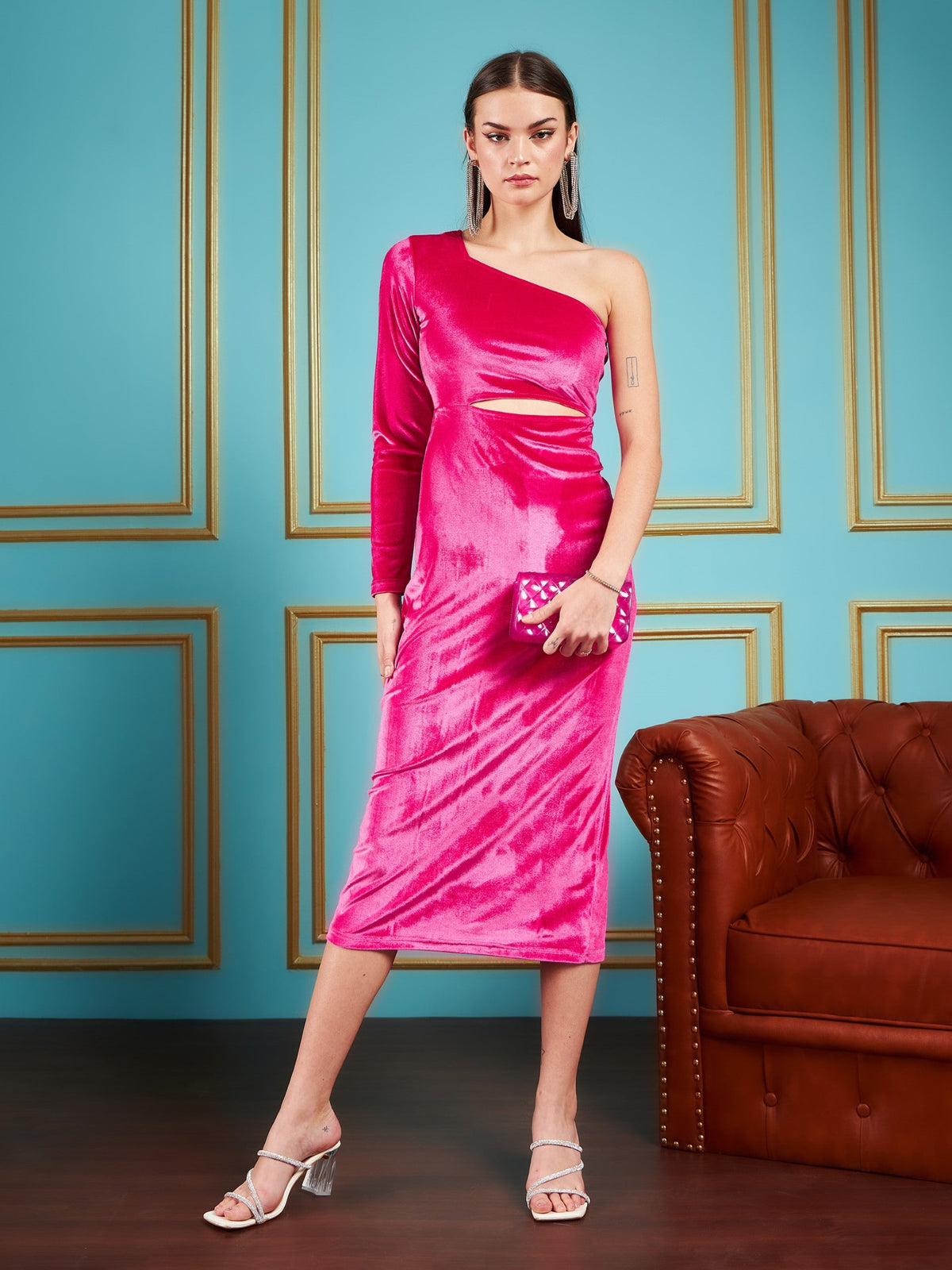 Fuchsia Velvet Waist Cut-Out One Shoulder Midi Dress-SASSAFRAS