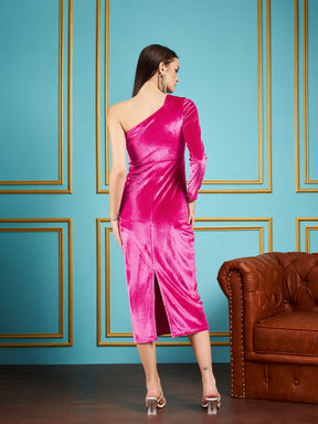Fuchsia Velvet Waist Cut-Out One Shoulder Midi Dress-SASSAFRAS
