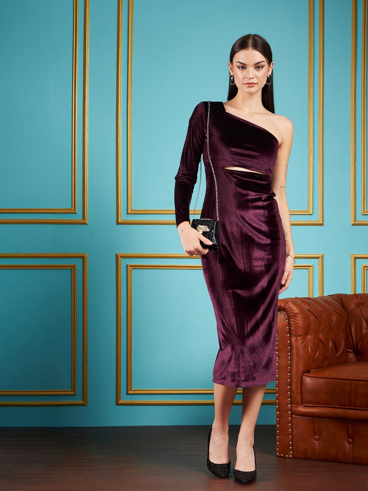 Burgundy Velvet Waist Cut-Out One Shoulder Midi Dress-SASSAFRAS