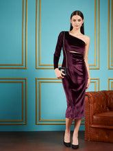 Burgundy Velvet Waist Cut-Out One Shoulder Midi Dress-SASSAFRAS