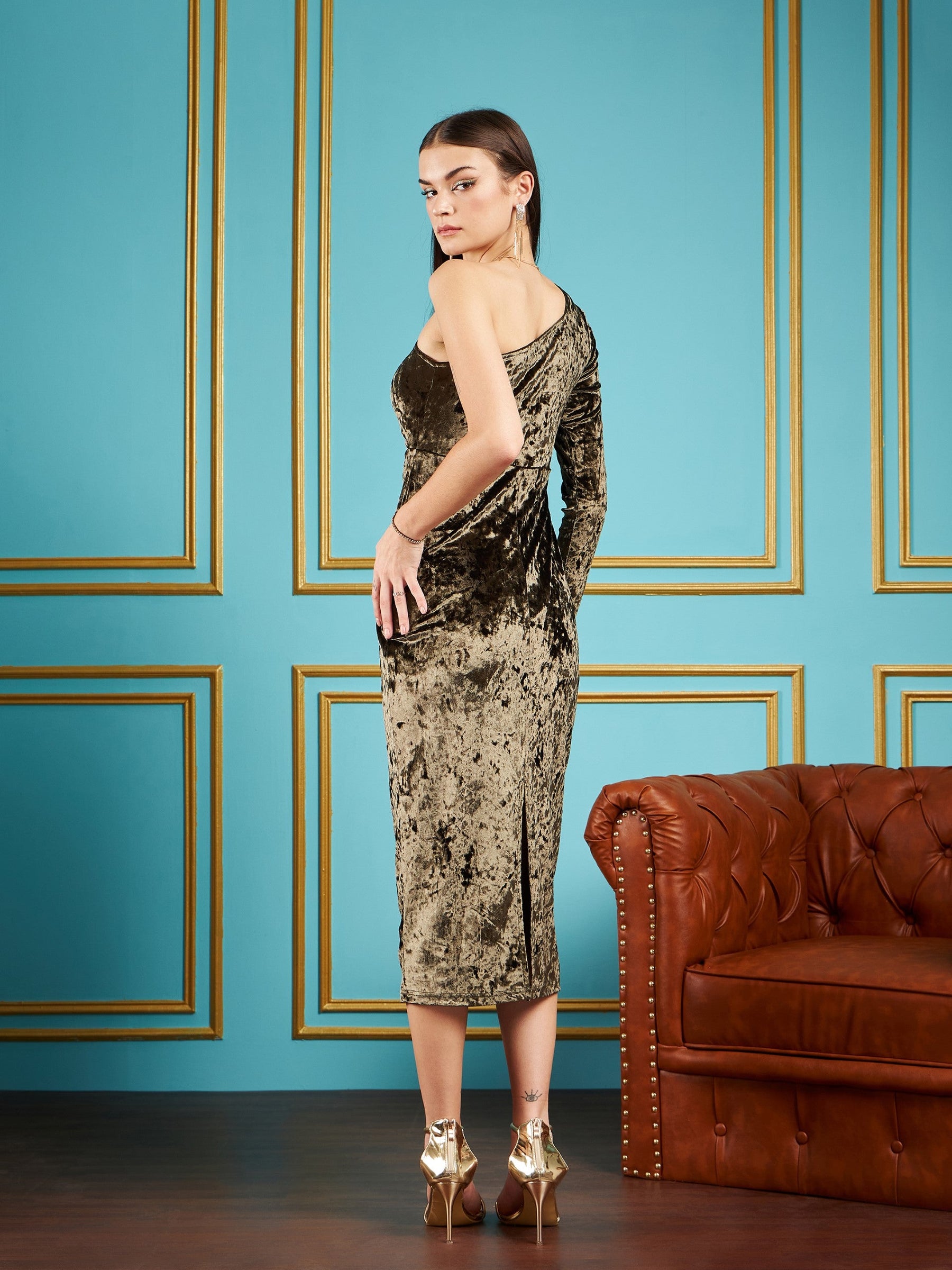 Olive Velvet Waist Cut-Out One Shoulder Midi Dress-SASSAFRAS
