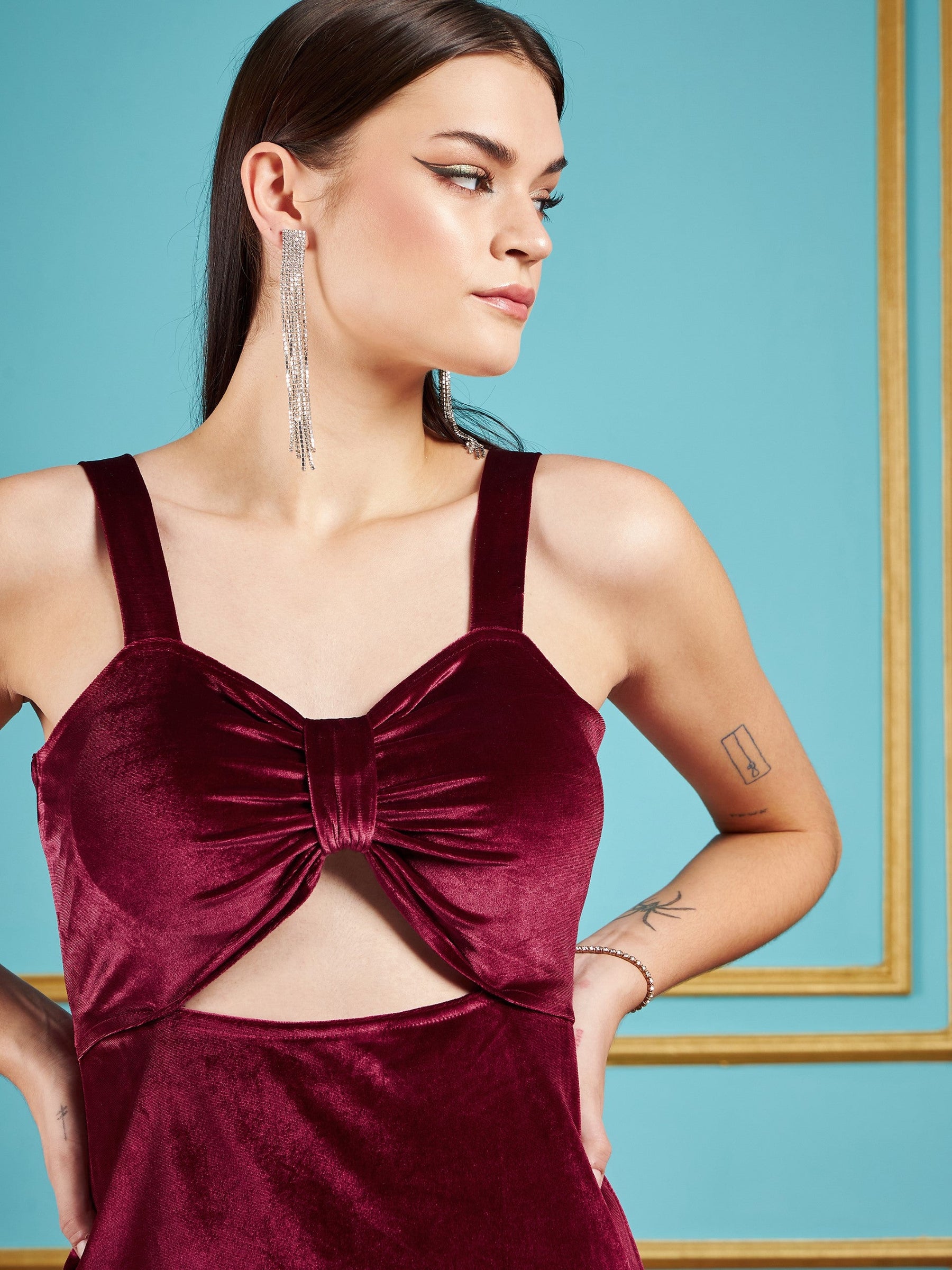 Maroon Velvet Waist Cut Out Bodycon Midi Dress-SASSAFRAS