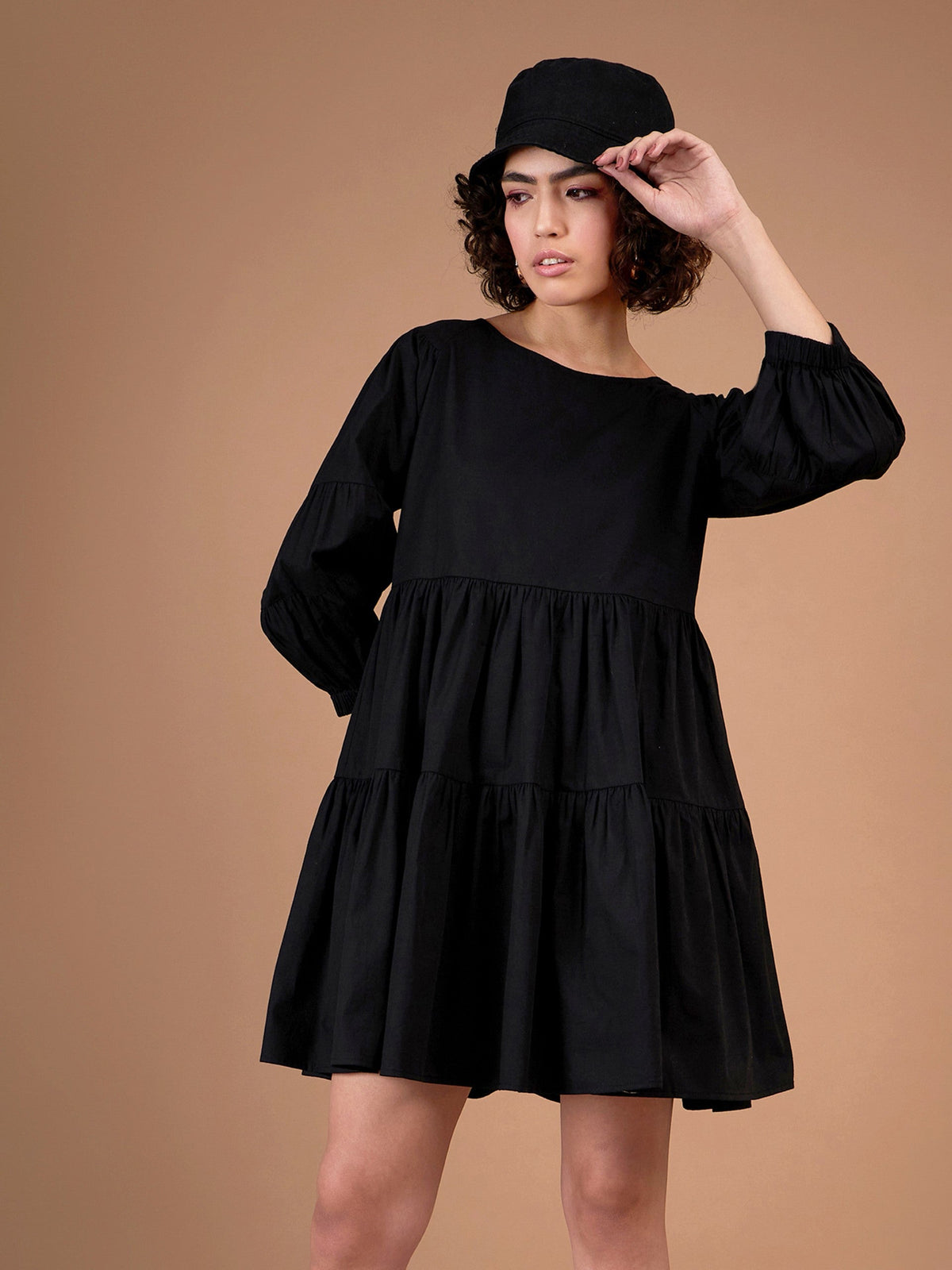 Black Poplin Drop Shoulder Tiered Mini Dress-SASSAFRAS