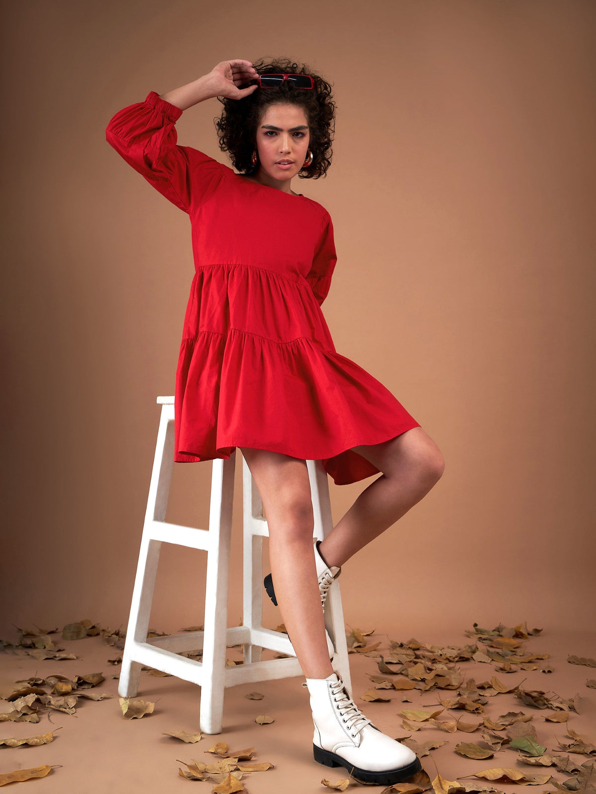 Red Poplin Drop Shoulder Tiered Mini Dress-SASSAFRAS