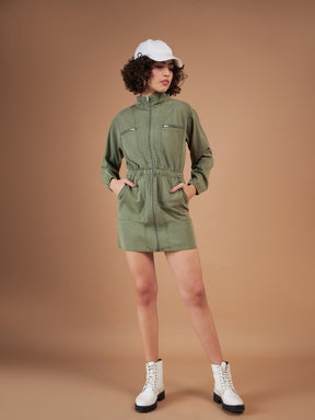 Olive Twill Front Zipper Mini Dress-SASSAFRAS
