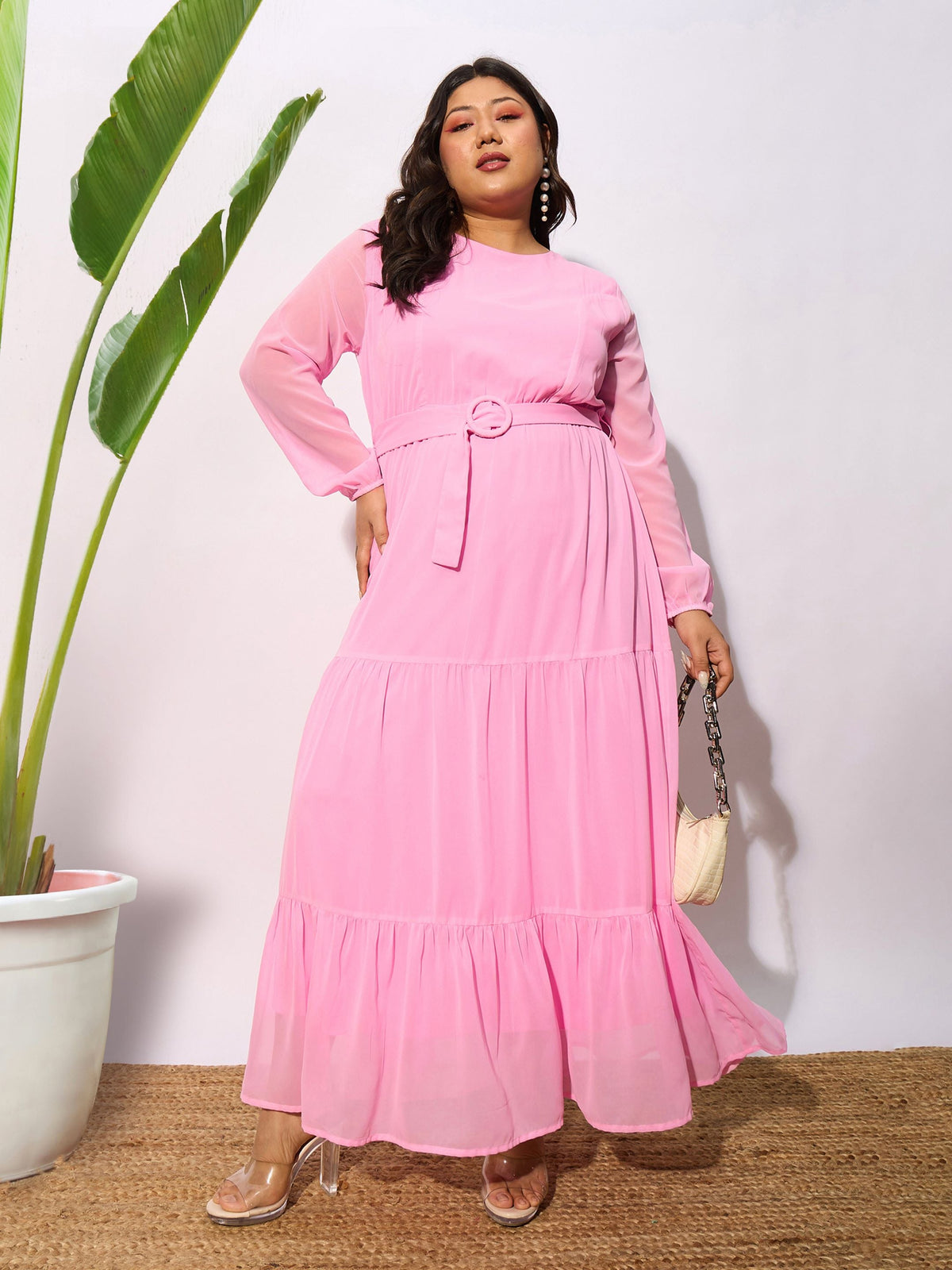 Pink Tiered Maxi Dress-SASSAFRAS Curve