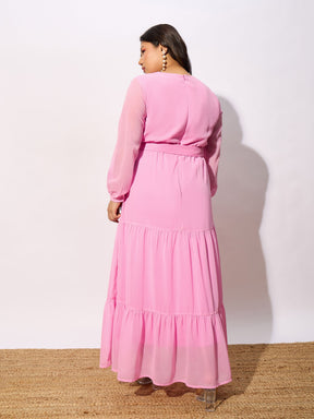 Pink Tiered Maxi Dress-SASSAFRAS Curve