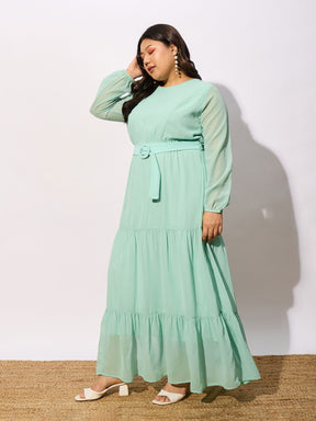Sea Green Tiered Maxi Dress-SASSAFRAS Curve