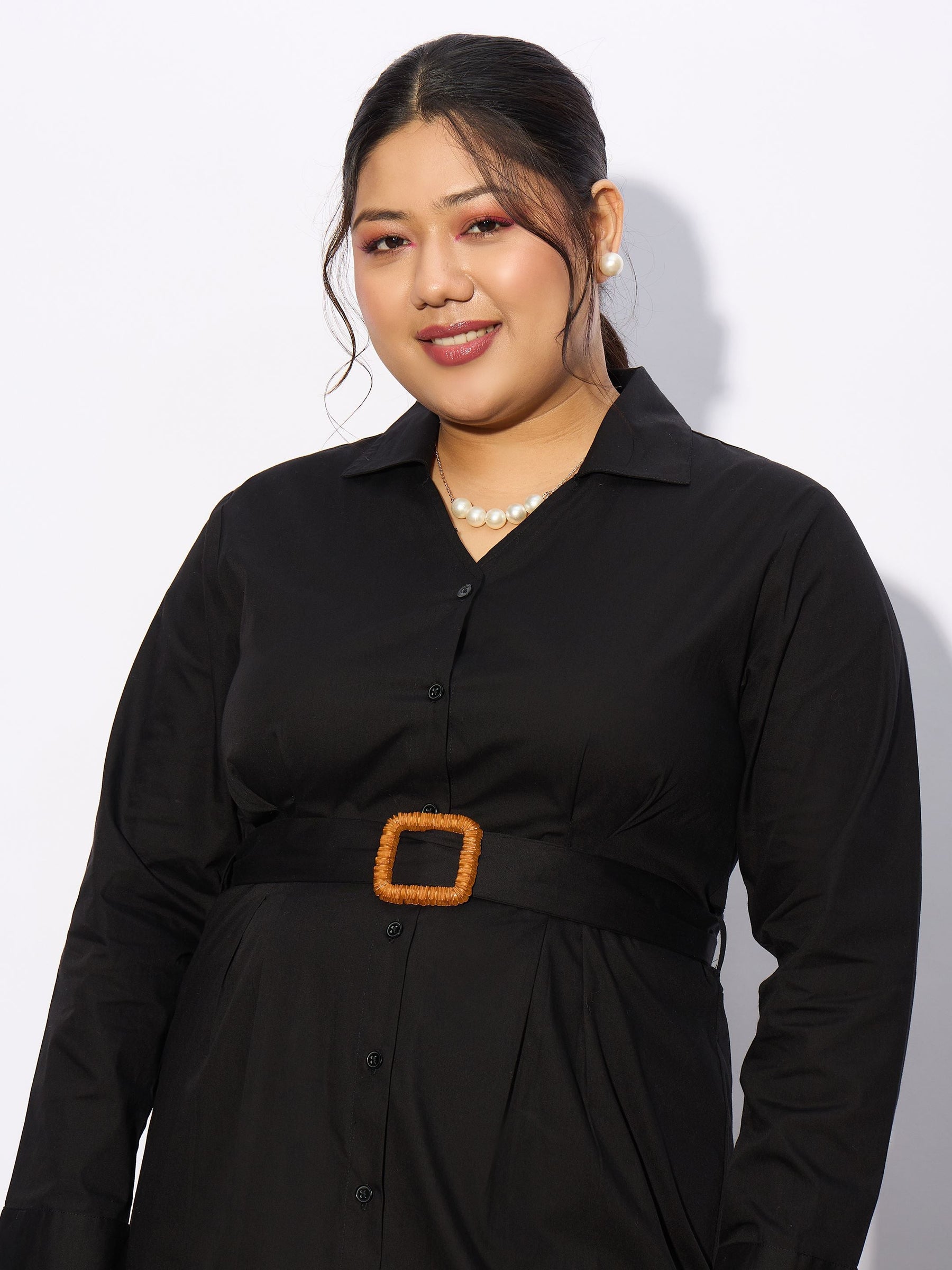 Black Poplin Belted Shirt Dress-SASSAFRAS Curve