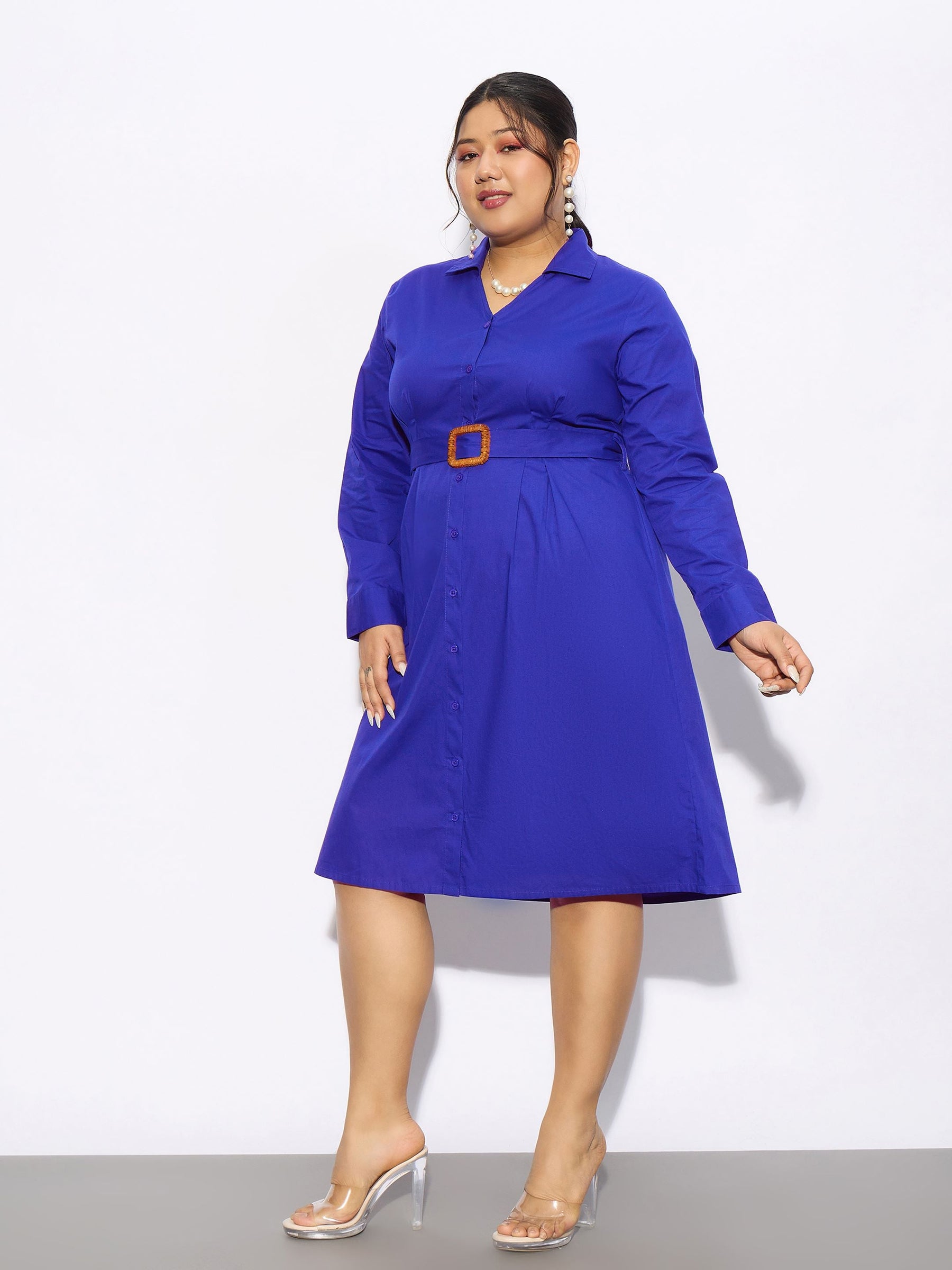 Royal Blue Poplin Belted Shirt Dress-SASSAFRAS Curve