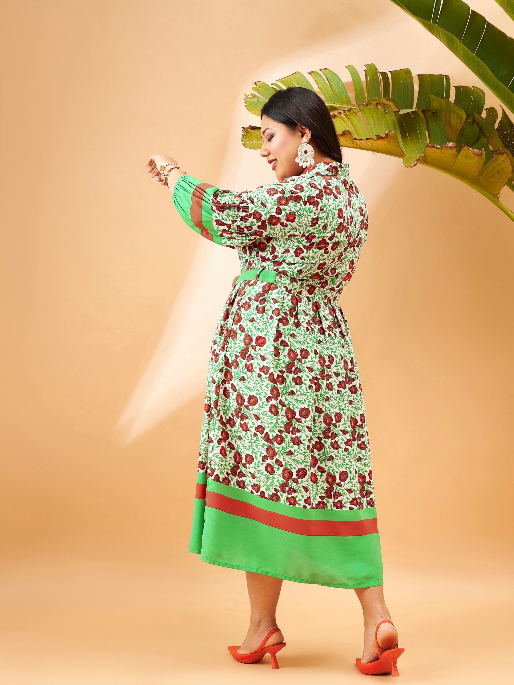 Green Floral Belted Midi Shirt Dress-SASSAFRAS Curve