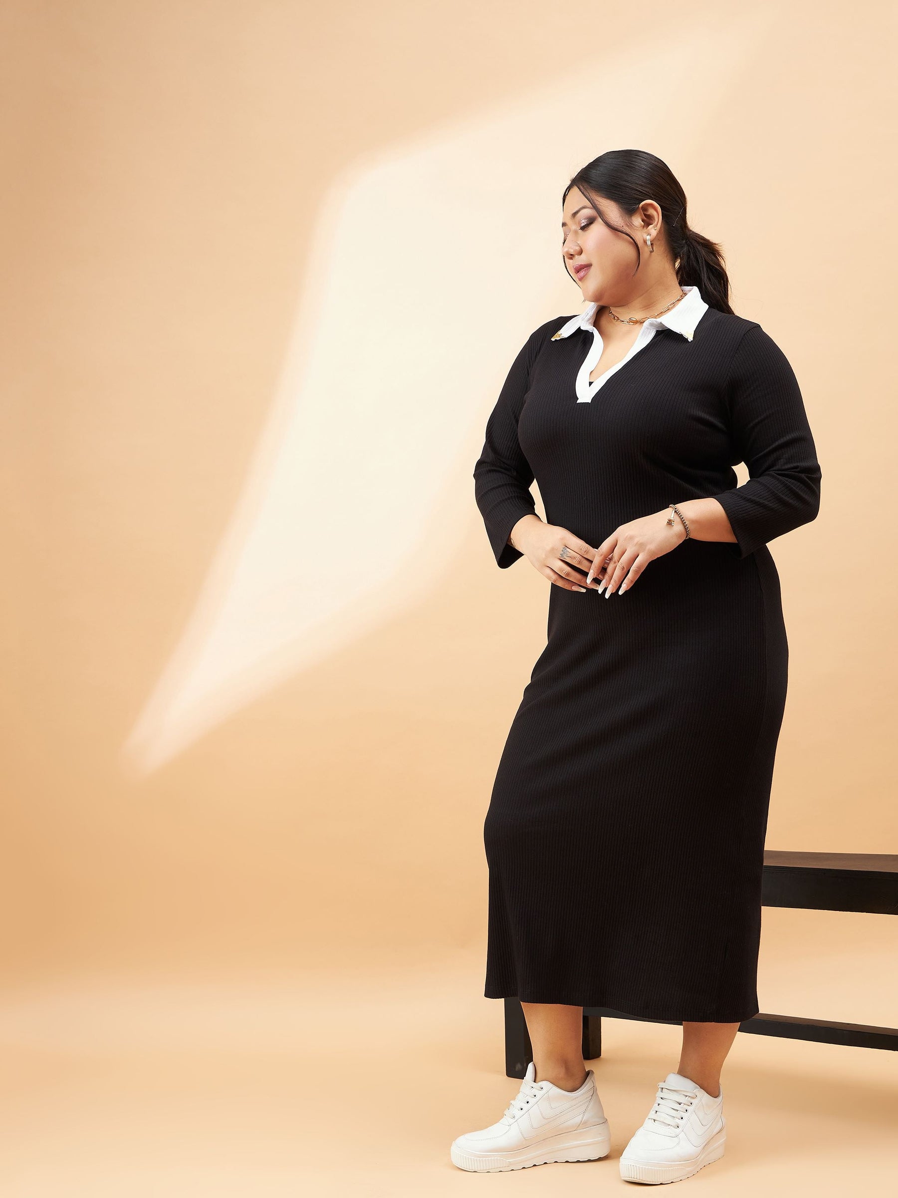 Black Rib Contrast Collar Midi Dress-SASSAFRAS Curve