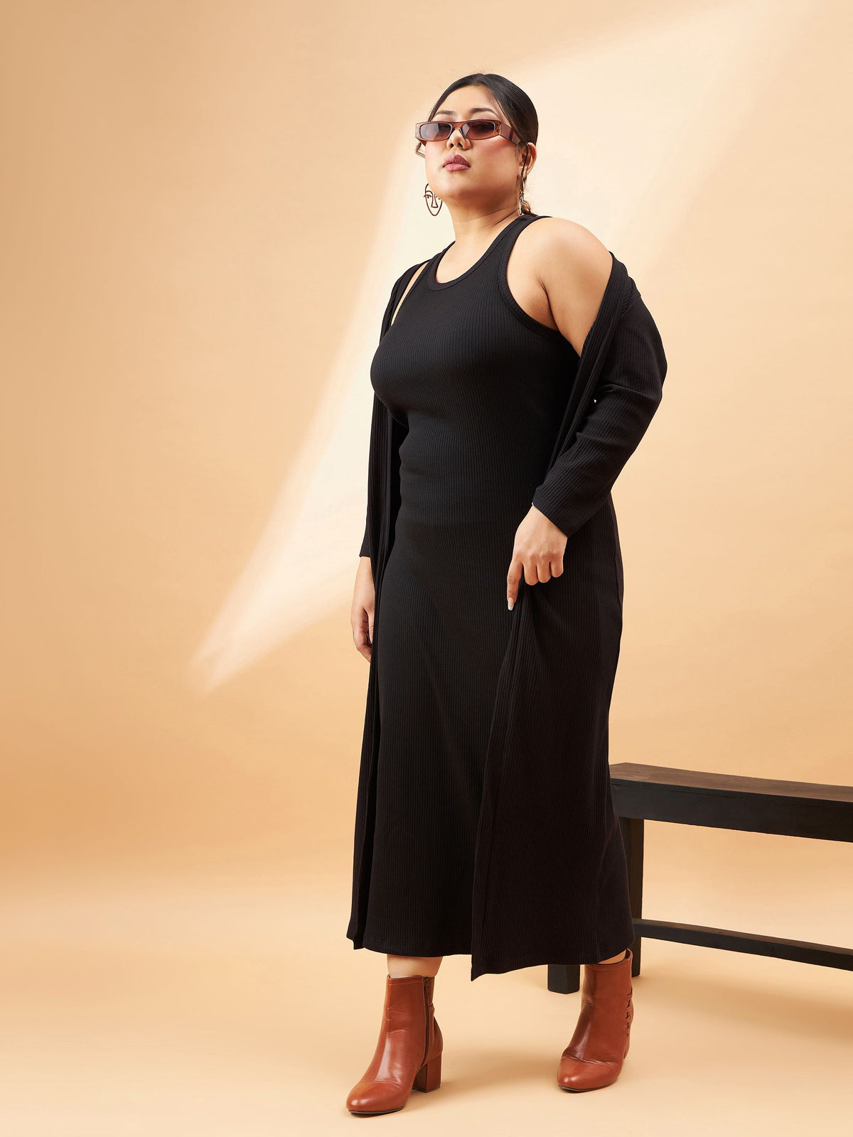 Black Rib Sleeveless Bodycon Dress With Shrug-SASSAFRAS Curve