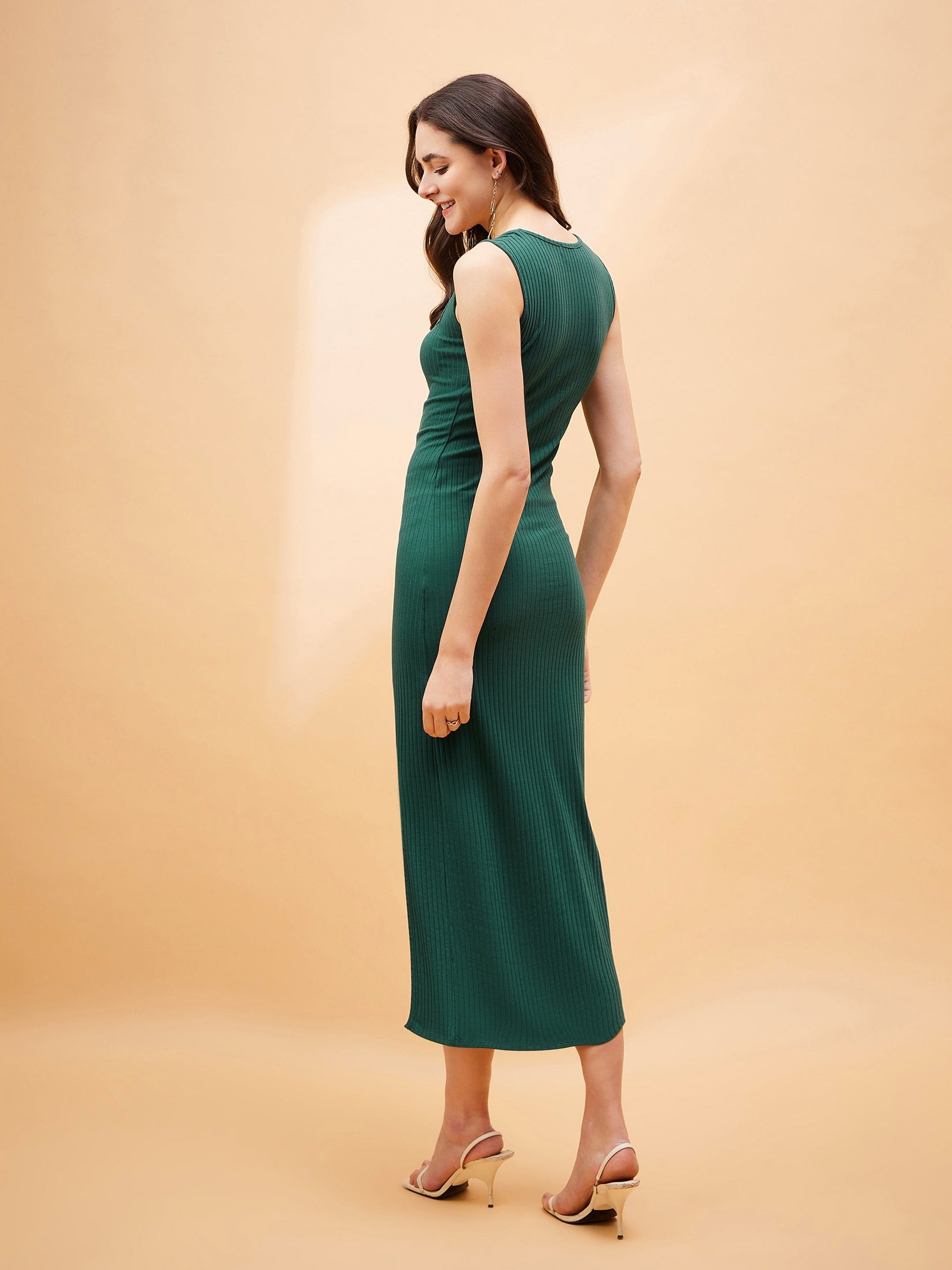 Emerald Green Square Neck Midi Slit Dress-SASSAFRAS BASICS