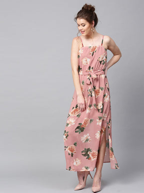 Baked Pink Floral Belted Maxi-Dress-SASSAFRAS