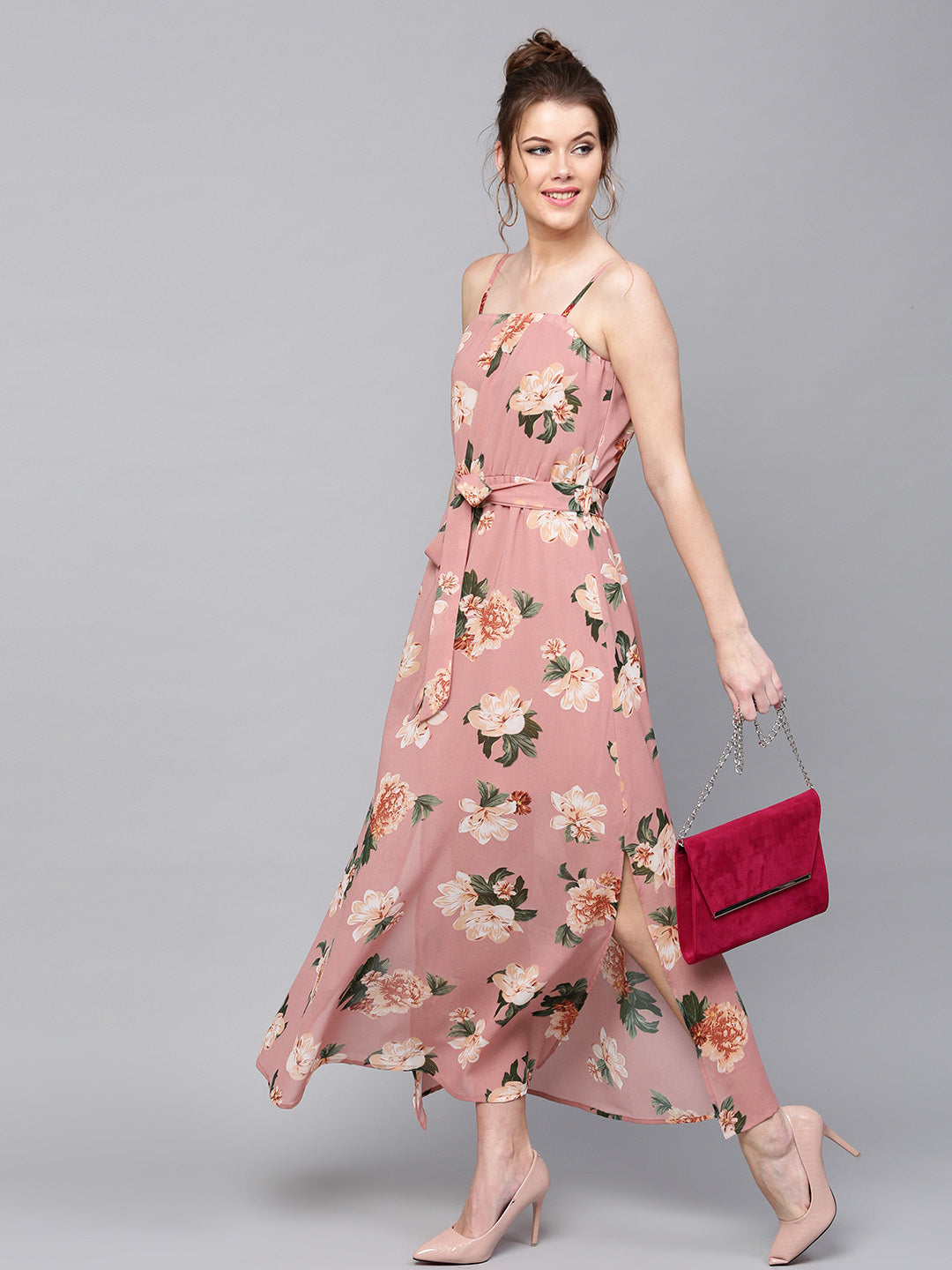 Baked Pink Floral Belted Maxi