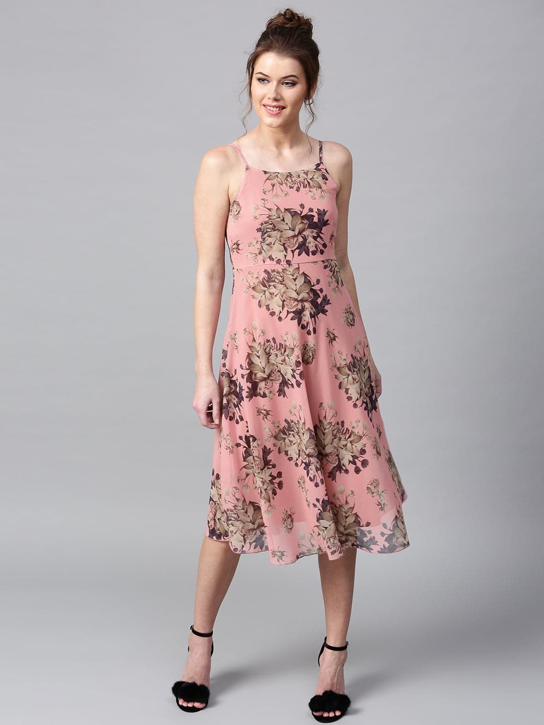 Millennial Pink Floral Midi Strap Dress-Dress-SASSAFRAS