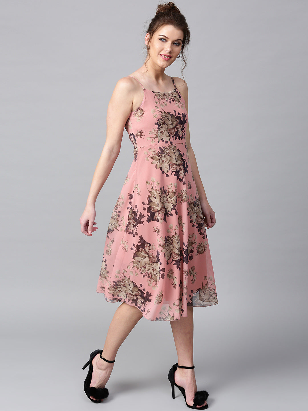 Millennial Pink Floral Midi Strap Dress
