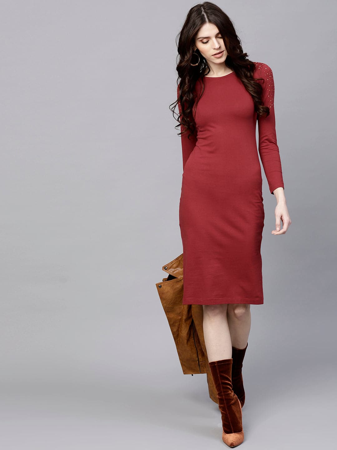 Maroon Bodycon Studded Dress-Dress-SASSAFRAS