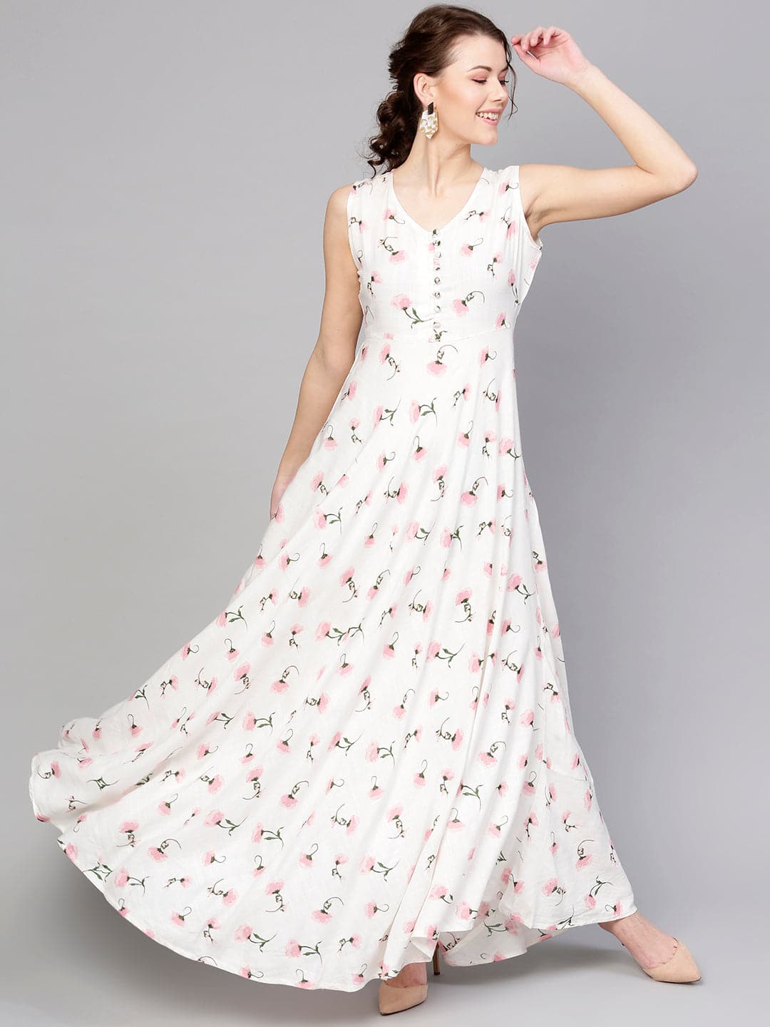 White Floral Sleeveless Flared Maxi-Dress-SASSAFRAS