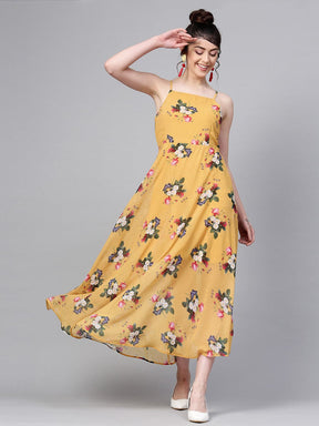 Mustard Floral Strappy Flared Maxi-Dress-SASSAFRAS