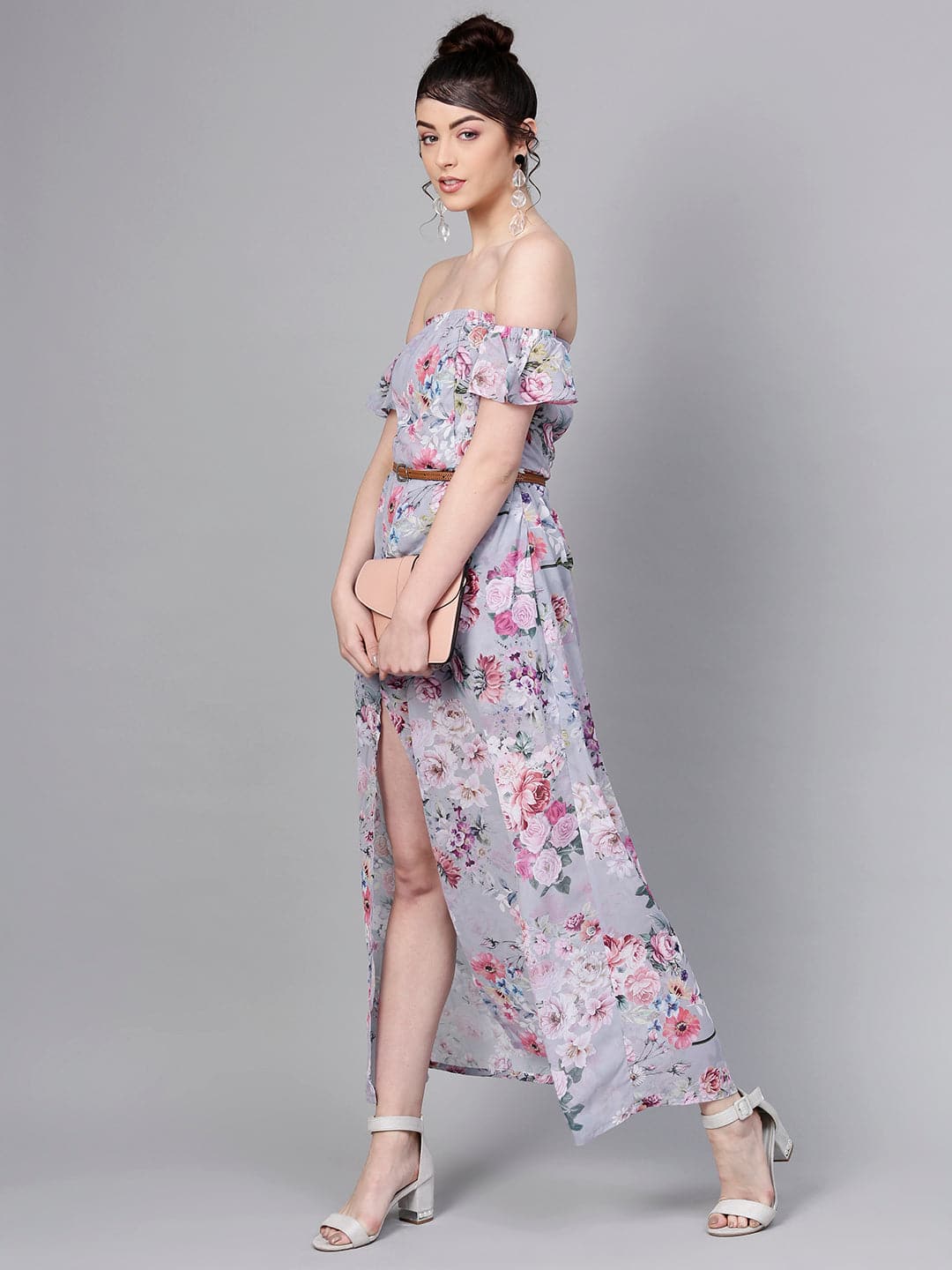 Grey Floral Off Shoulder Belted Maxi-Dress-SASSAFRAS