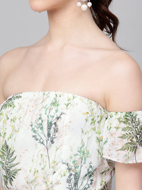 Off-White Floral Off Shoulder Belted Maxi