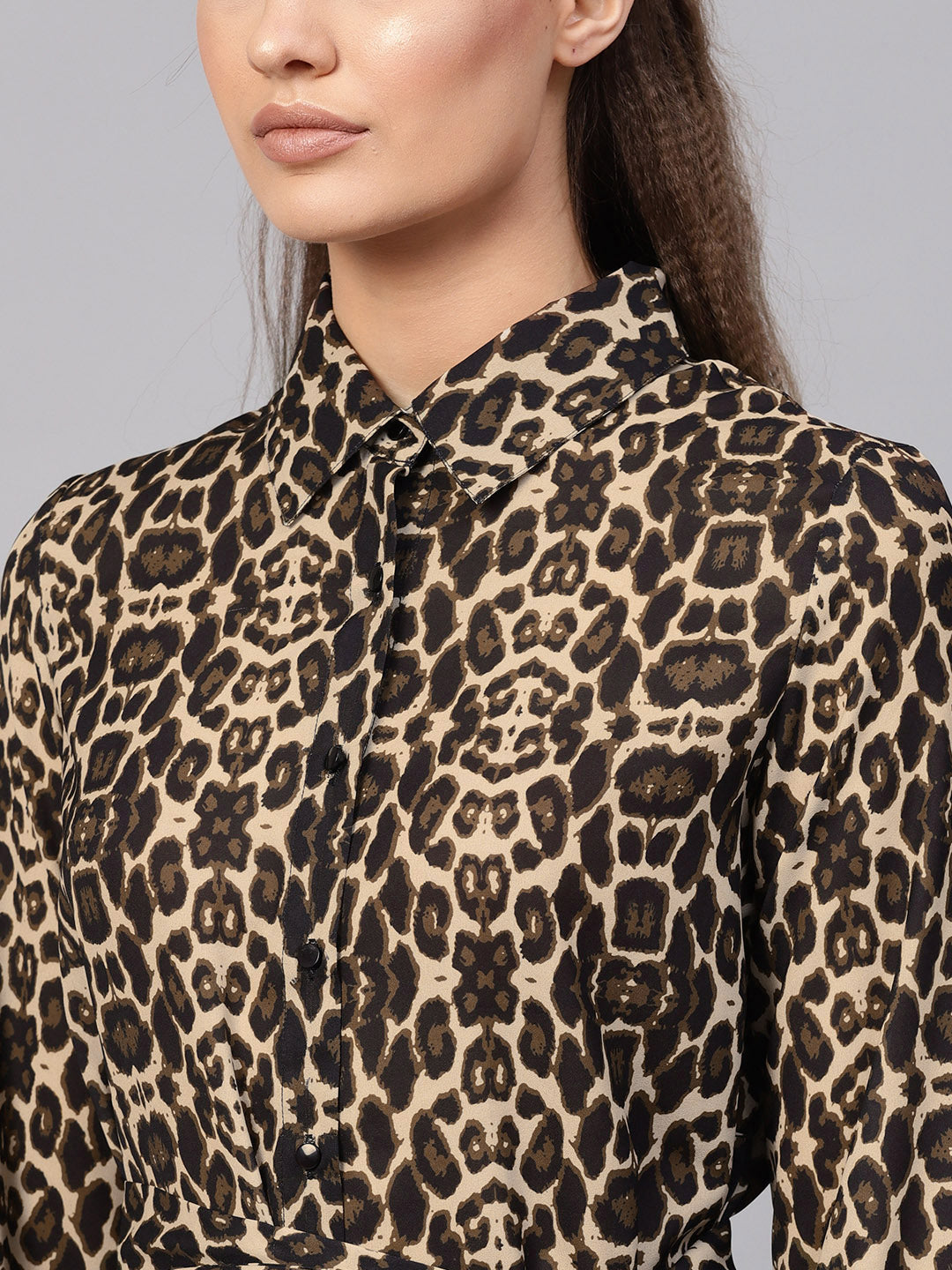 Black Cheetah Front Open Shirt Dress