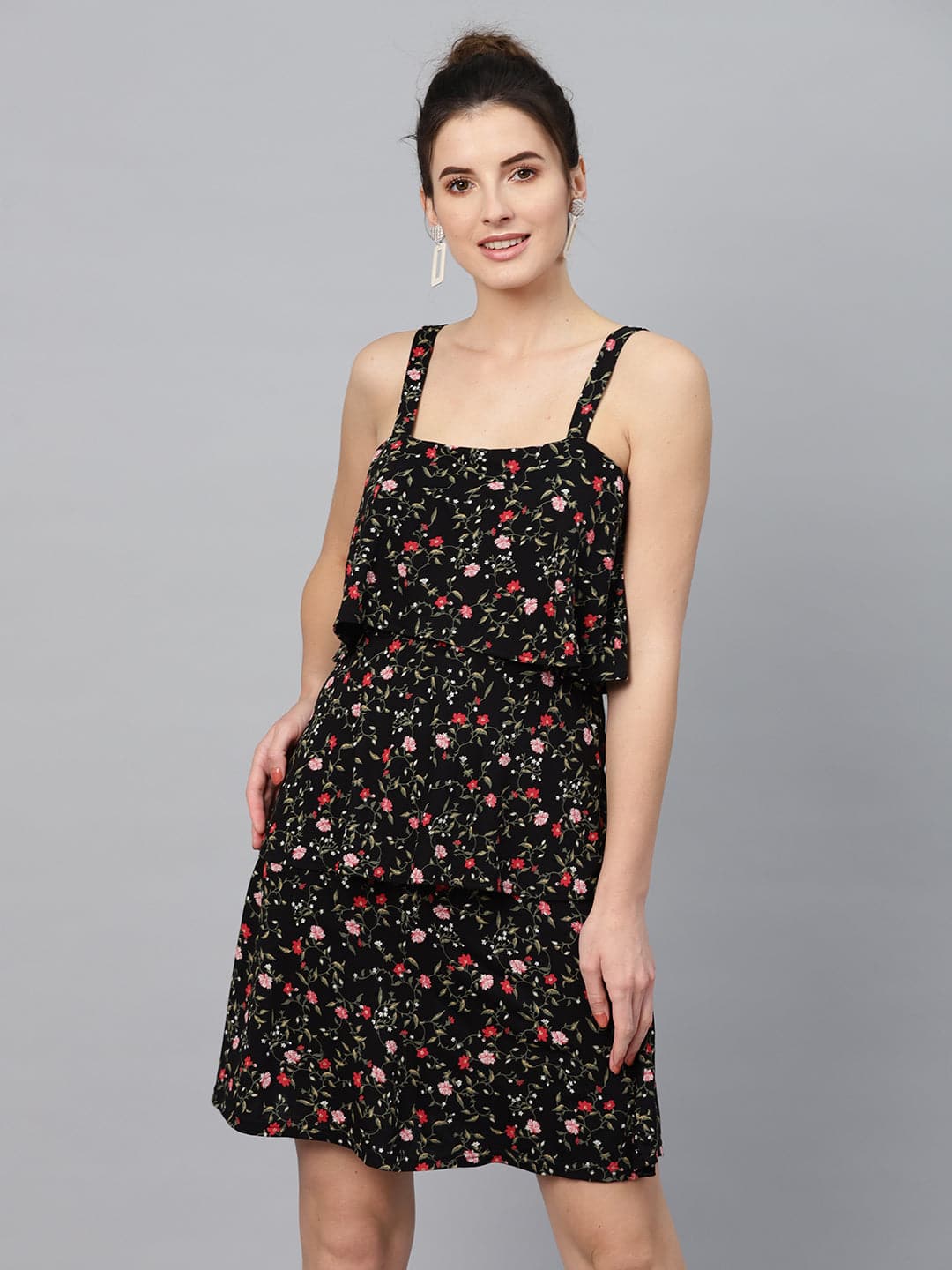 Black Floral Strappy Tiered Dress-Dress-SASSAFRAS