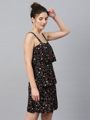 Black Floral Strappy Tiered Dress