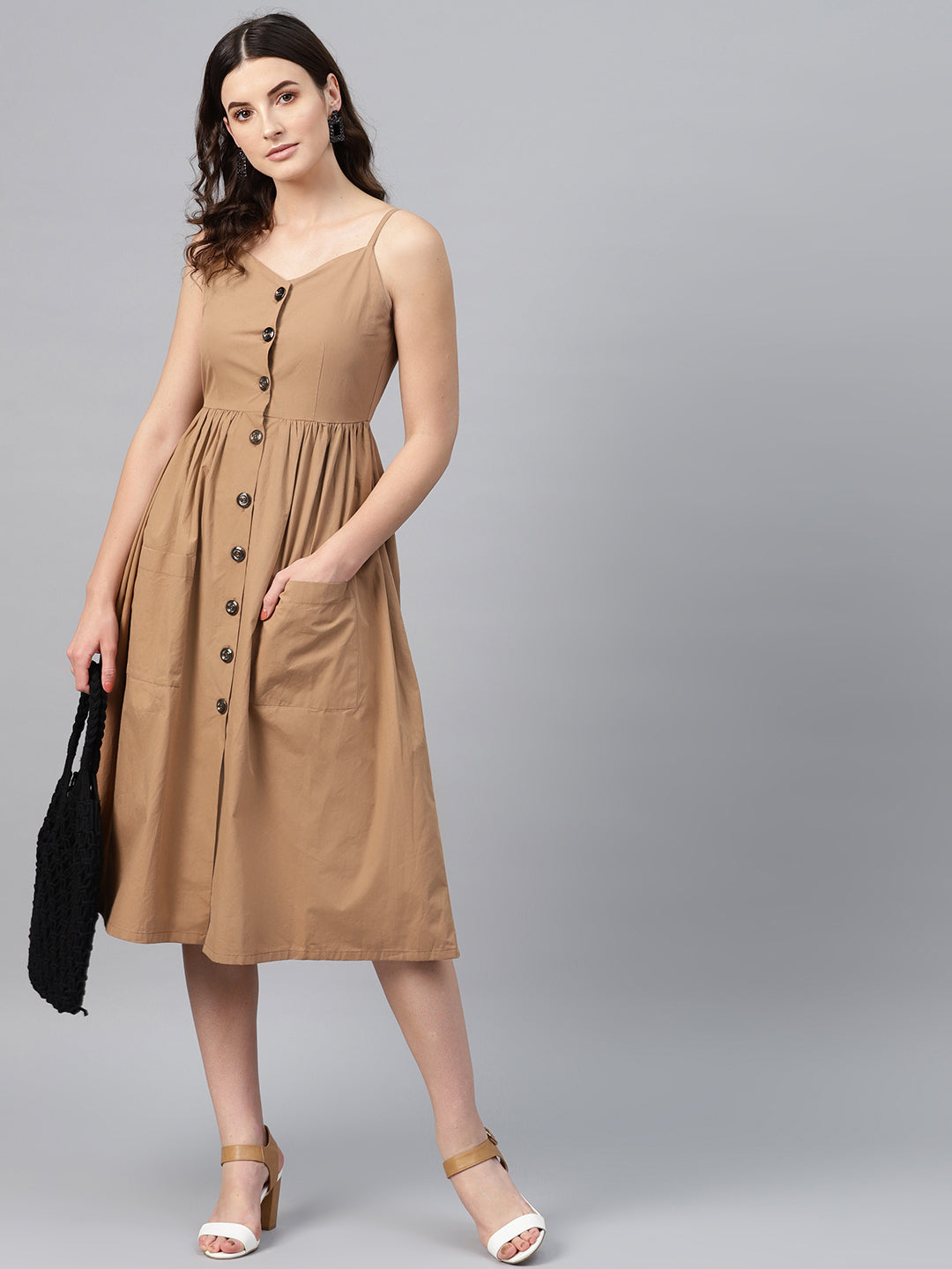Brown Front Open Strappy Dress