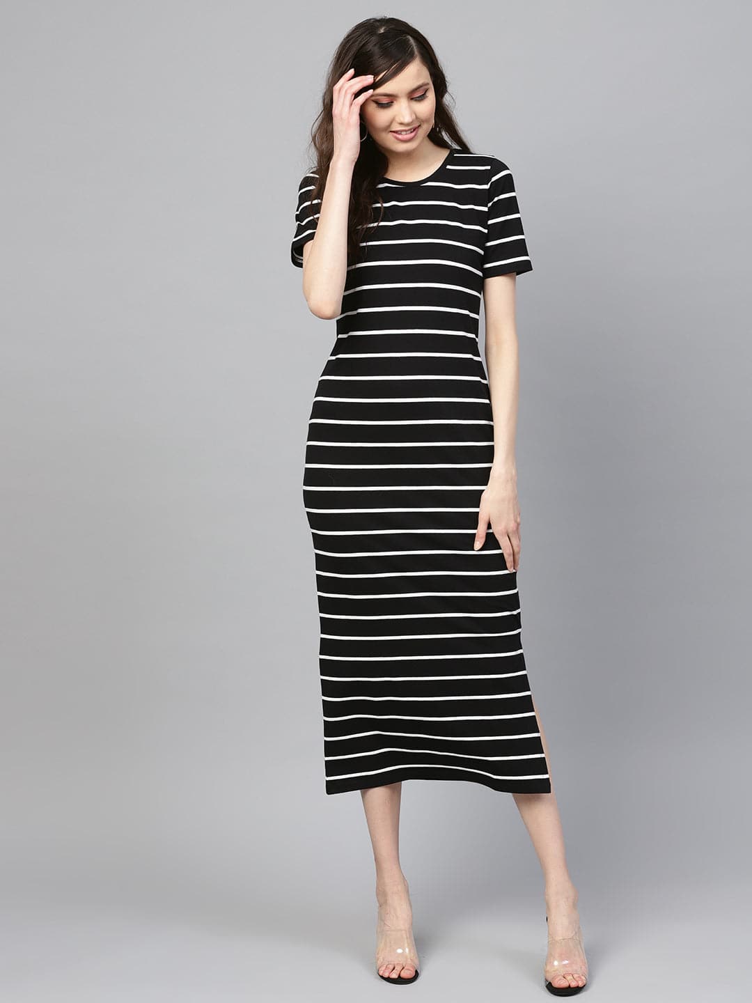 Black White Stripe Maxi-Dress-SASSAFRAS