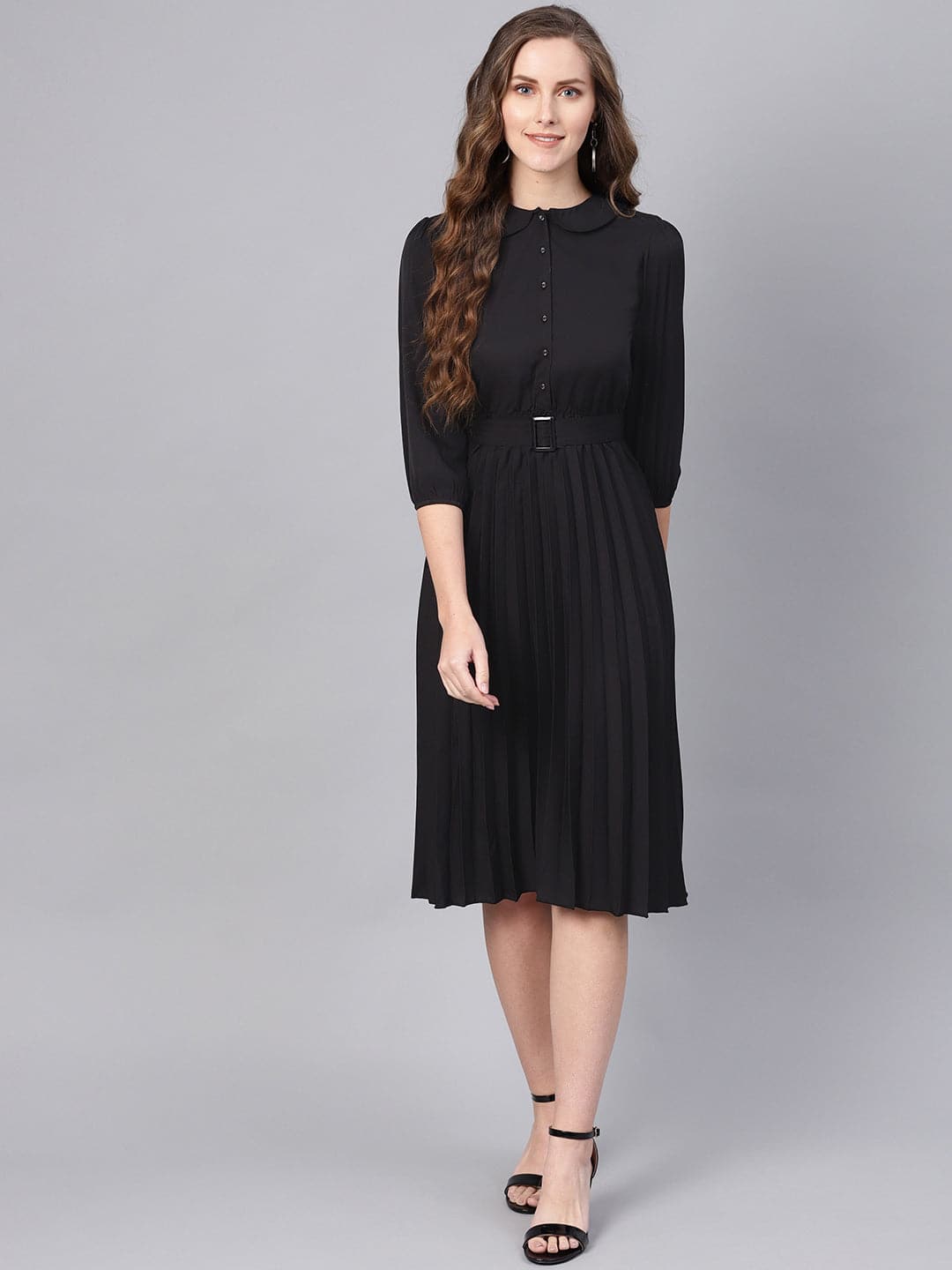 Black Peterpan Belted Pleated Midi Dress-Dress-SASSAFRAS