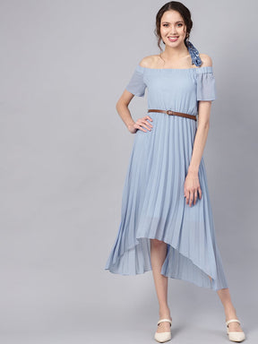 Blue Off Shoulder High Low Belted Pleated Dress-Dress-SASSAFRAS